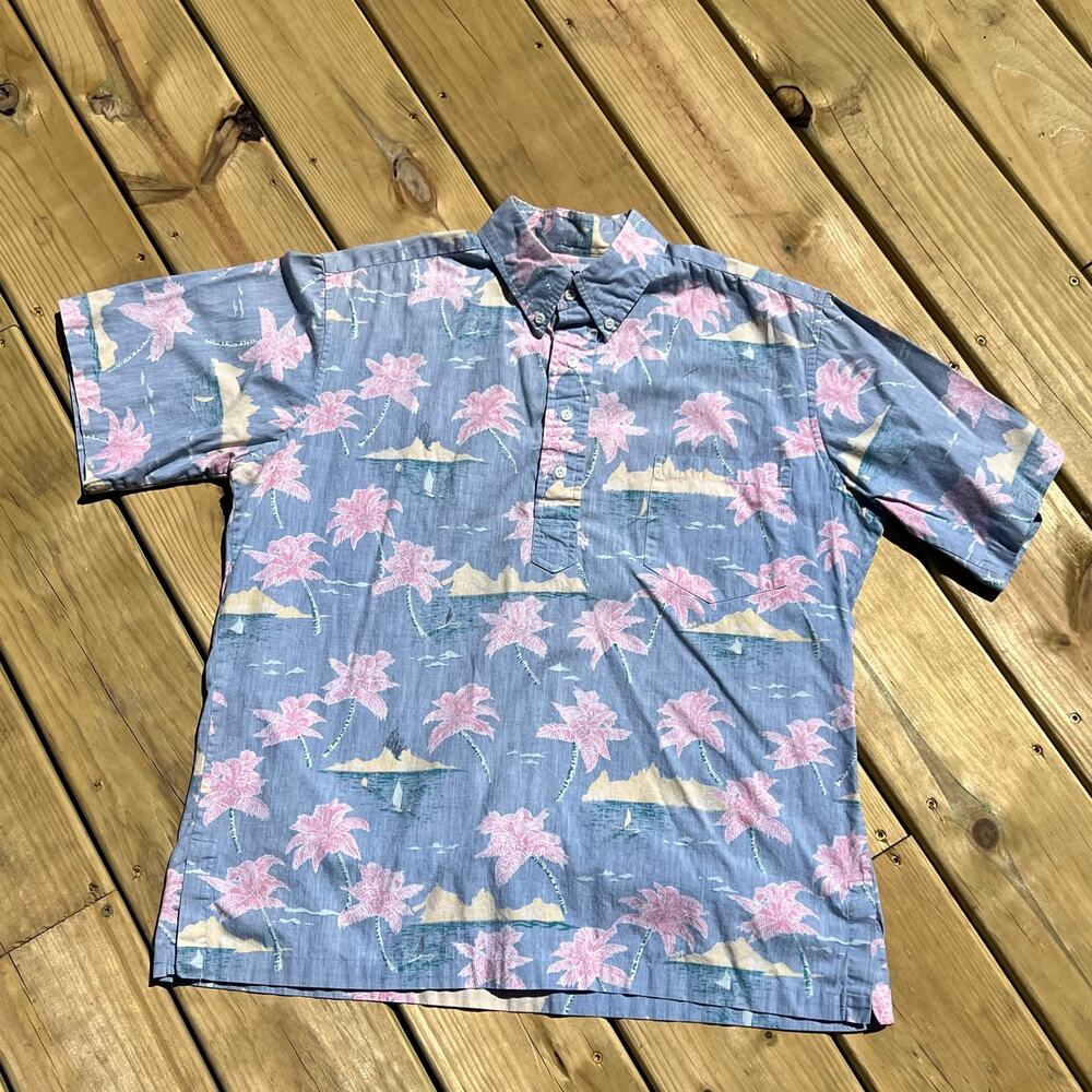 Vintage Reyn Spooner Aloha Shirt L Blue Pink Pullover Hawaii Cotton Pullover
